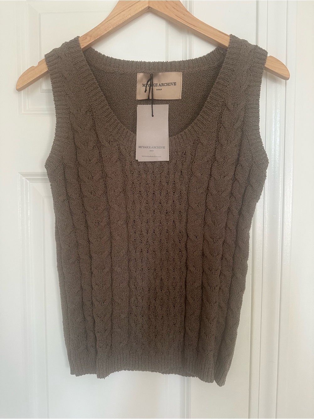 Miyake Archive Olive-Brown Cable Knit Sleeveless Sweater